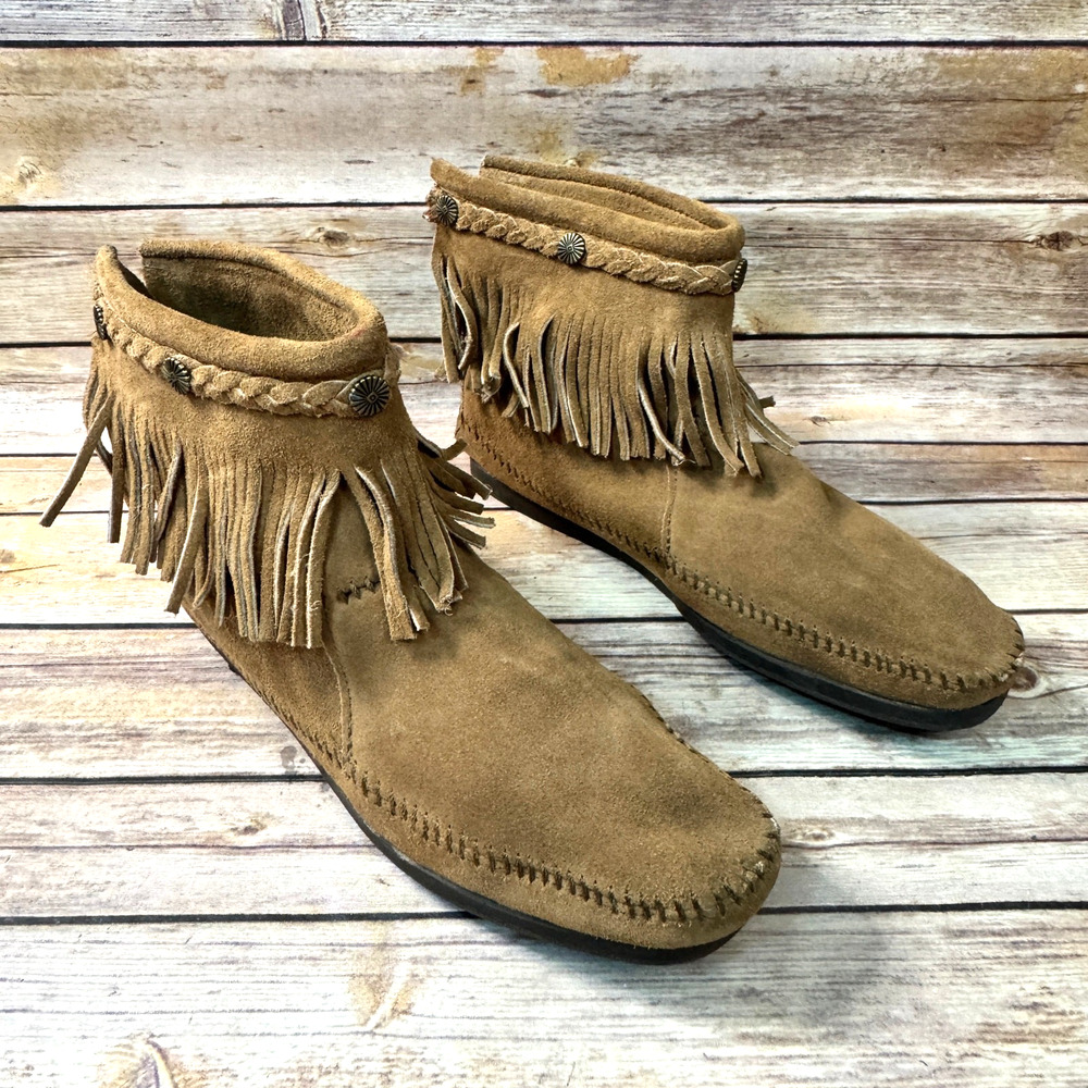 Minnetonka Womens Brown Suede Leather Bohemian Fringed Studded Ankle Boots 10